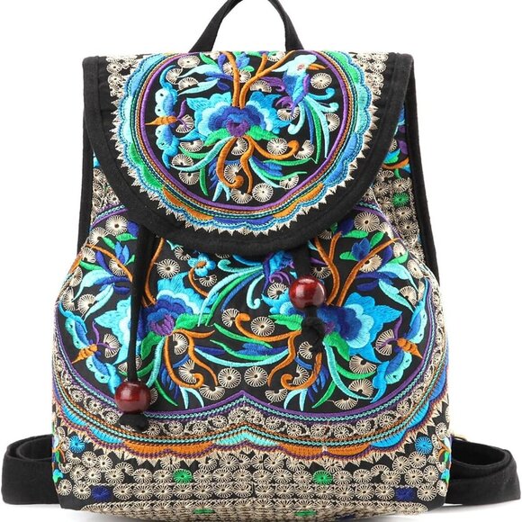 Vintage Embroidered Women Backpack Ethnic Travel Handbag Shoulder Bag, 12x10x5 i - Picture 1 of 7